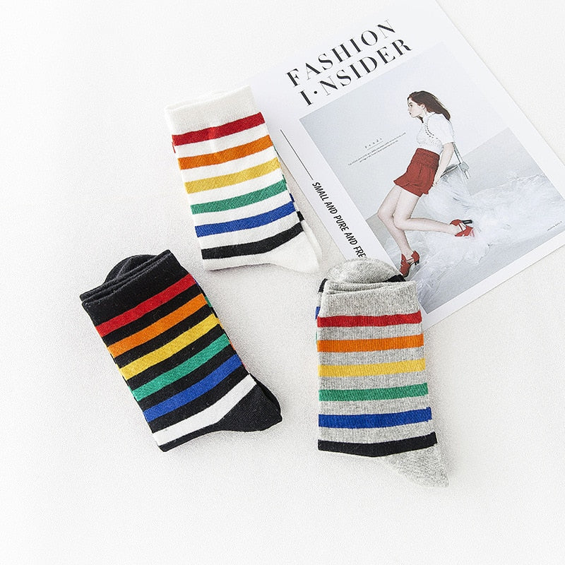 Rainbow Striped Harajuku Socks - Fun Cotton Short Socks for Women