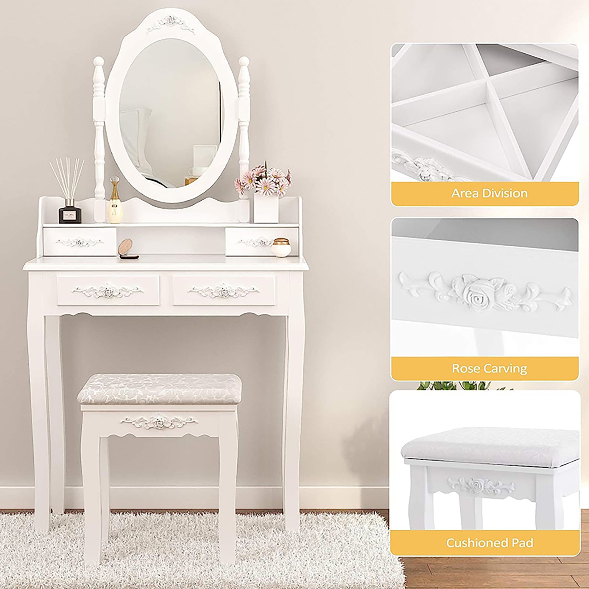 Vanity Table Set with 4 Drawer, Makeup Dressing Table w/Cushioned Stool, Girls Women Bedroom Furniture Set Oval Mirror eprolo