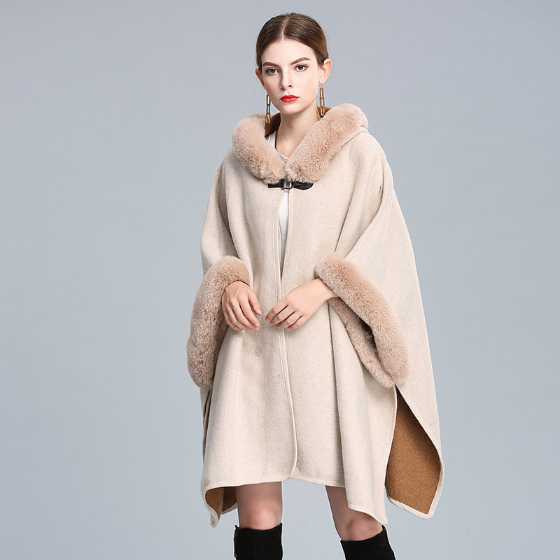 Imitation otter rabbit fur collar hooded shawl cape plus size woolen coat loose cardigan for women eprolo