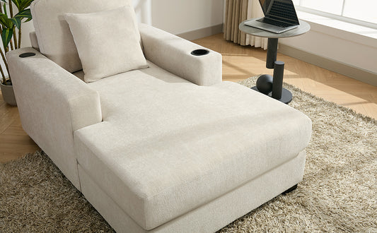 39.7" Oversized Chaise Lounger Modern Style Sofa Couch ,with Pillows, Charge Station & Cup Holders, Chenille Fabric, Cream Shello Creative Boutique