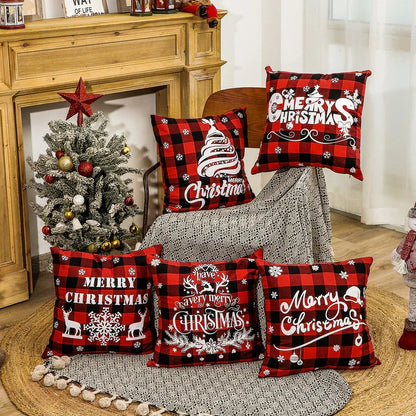 Christmas Red Linen Checkered Pillow Cover - Festive Cushion Cover - Shello's Creative Boutique