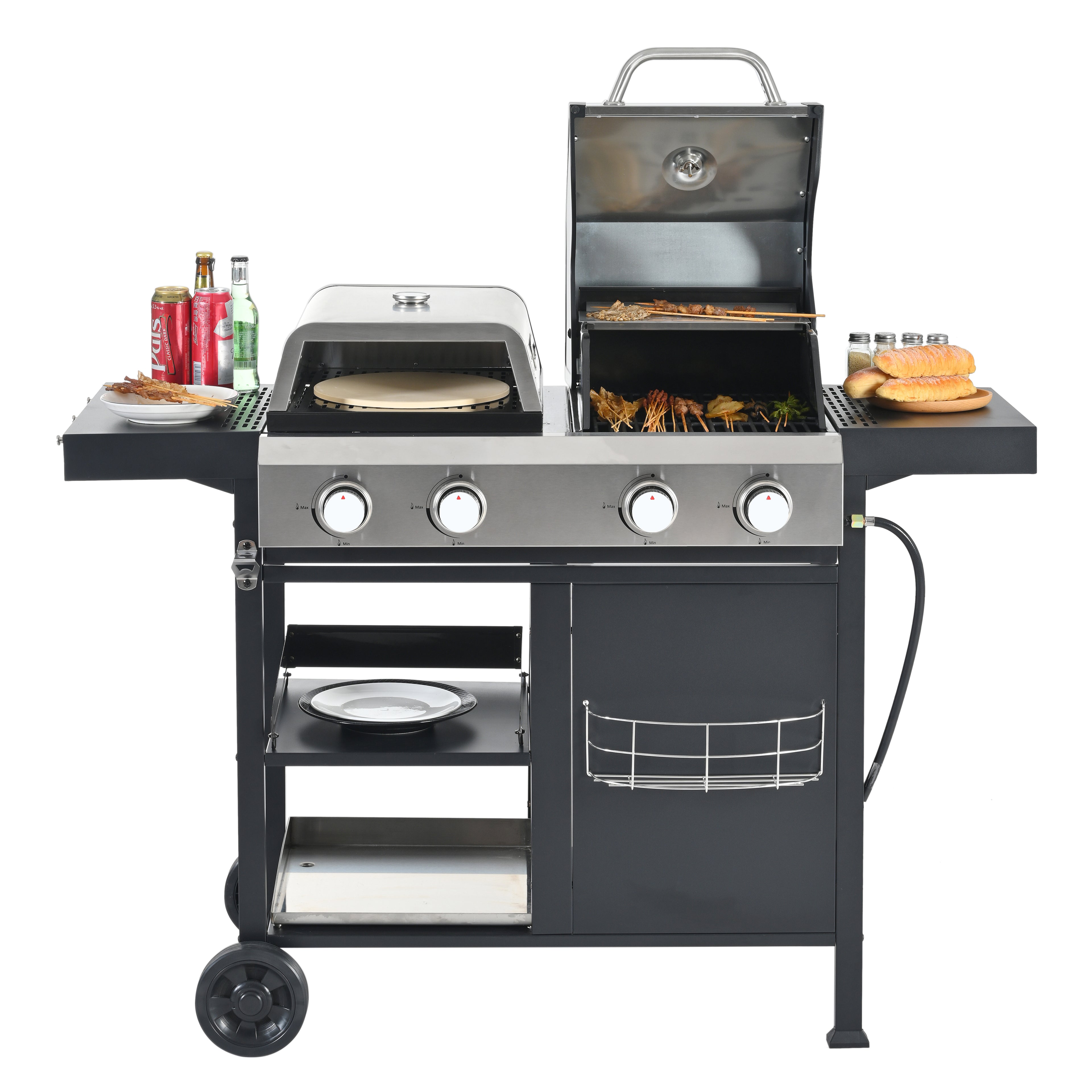 2+2 multifunctional gas barbecue grill and covered grill combination for outdoor cooking - barbecue, barbecue, pizza. eprolo