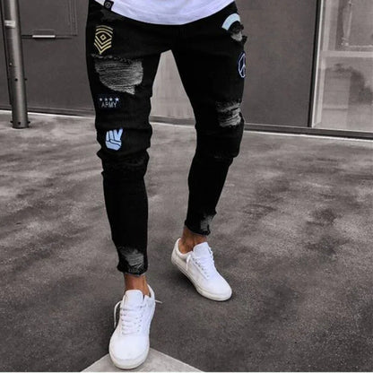Men's Ripped jeans Badge Letters Hip-hop Skinny Jogging Denim Fashion Pencil Long Trousers Distressed Jeans For Men Clothing - Shello's Creative Boutique