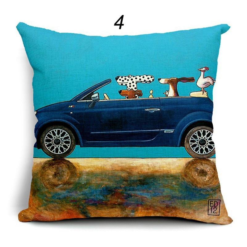 Pillow Lovely Cartoon Dog Driving Car Vintage Almofadas 45X45CM Linen Pillow Decorative Linen Cushion Cover Shello Creative Boutique