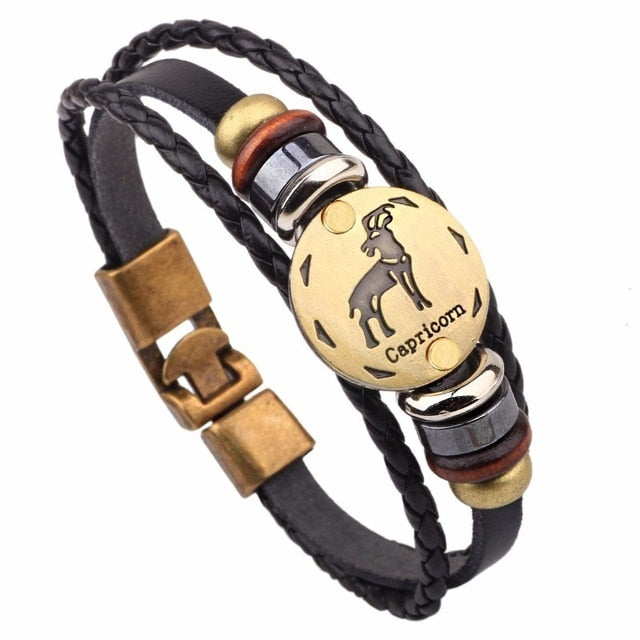 12 Horoscope Leather Bracelet Men Jewelry Vintage Retro Charm Bracelet Male Jewelry 8.2 eprolo
