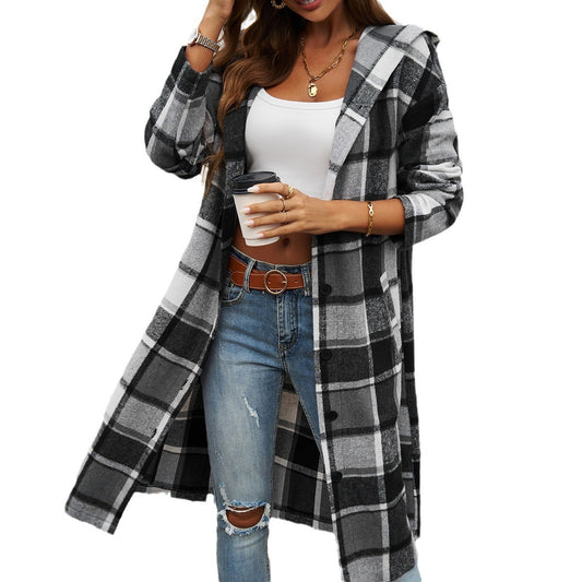 Autumn and winter women's casual loose contrasting color breasted hooded jacket eprolo