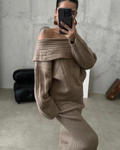 Winter Knitted Two Piece Set for Women Elegant Off Shoulder Sweater Pullover Top Slim Skirt Suit Fashion Office Ladies Outfits eprolo