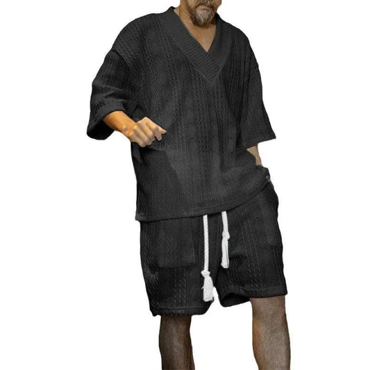 Summer Casual Shorts Set Knitted Two Piece Men's Clothing V-Neck Short Sleeve T-shirt and Shorts Streetwear Knit Outfits - Shello's Creative Boutique