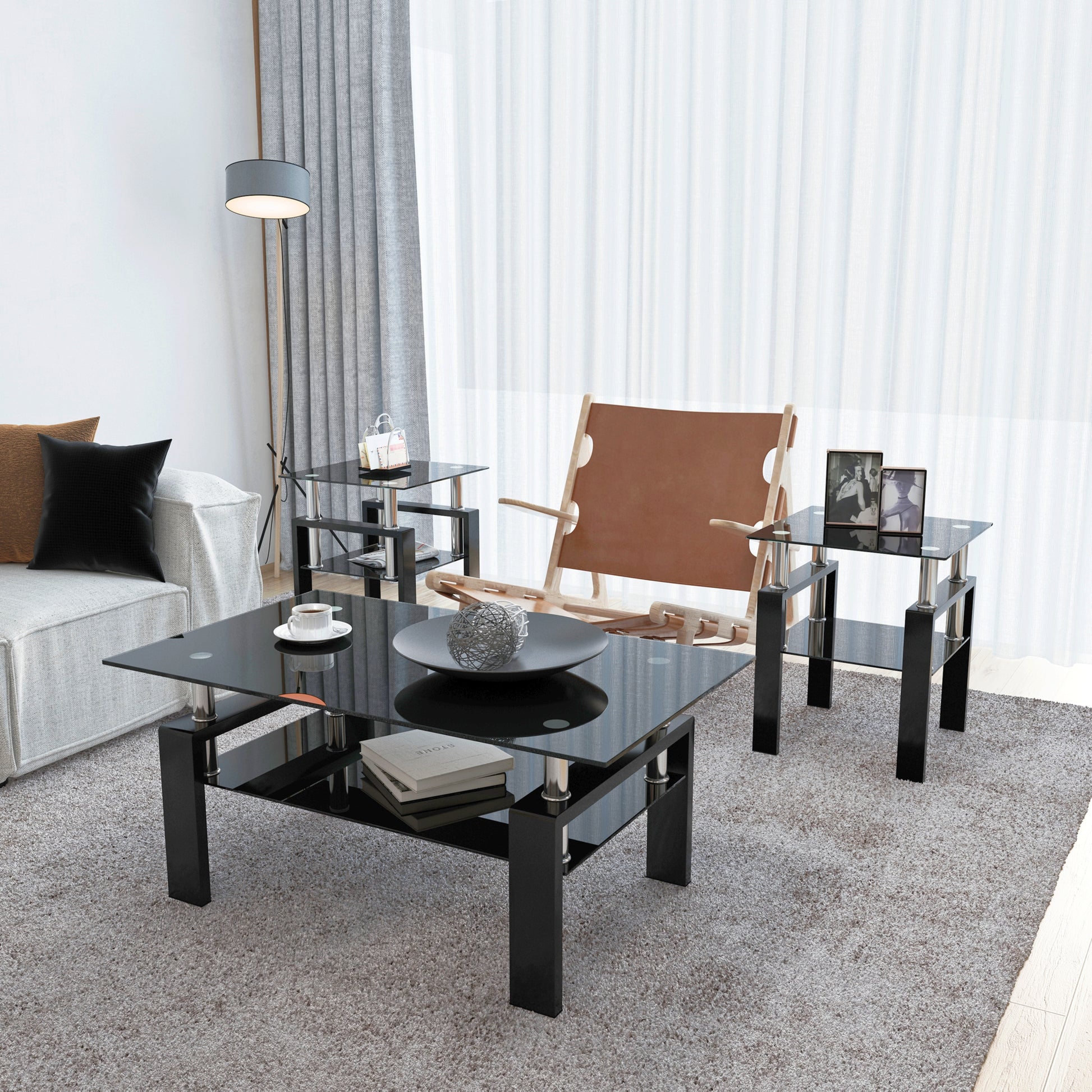 Set of 2, Modern Tempered Glass Tea Table Coffee Table End Table, Square Table for Living Room, Black eprolo