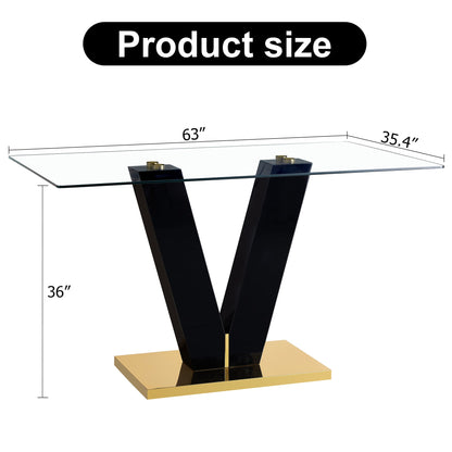 Large Modern Minimalist Rectangular Glass Dining Table for 6-8 with 0.4" Tempered Glass Tabletop and MDF slab V-Shaped Bracket eprolo