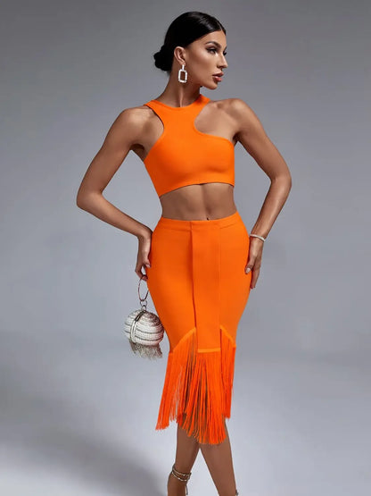 Bandage Two Piece Set Top and Skirt Women Elegant Sexy Fringed Orange 2 Piece Set Birthday Evening Party Club Outfits Summer - Shello's Creative Boutique