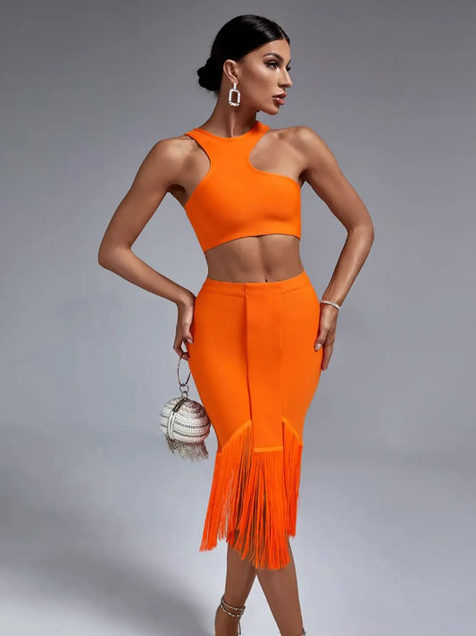 Bandage Two Piece Set Top and Skirt Women Elegant Sexy Fringed Orange 2 Piece Set Birthday Evening Party Club Outfits Summer - Shello's Creative Boutique