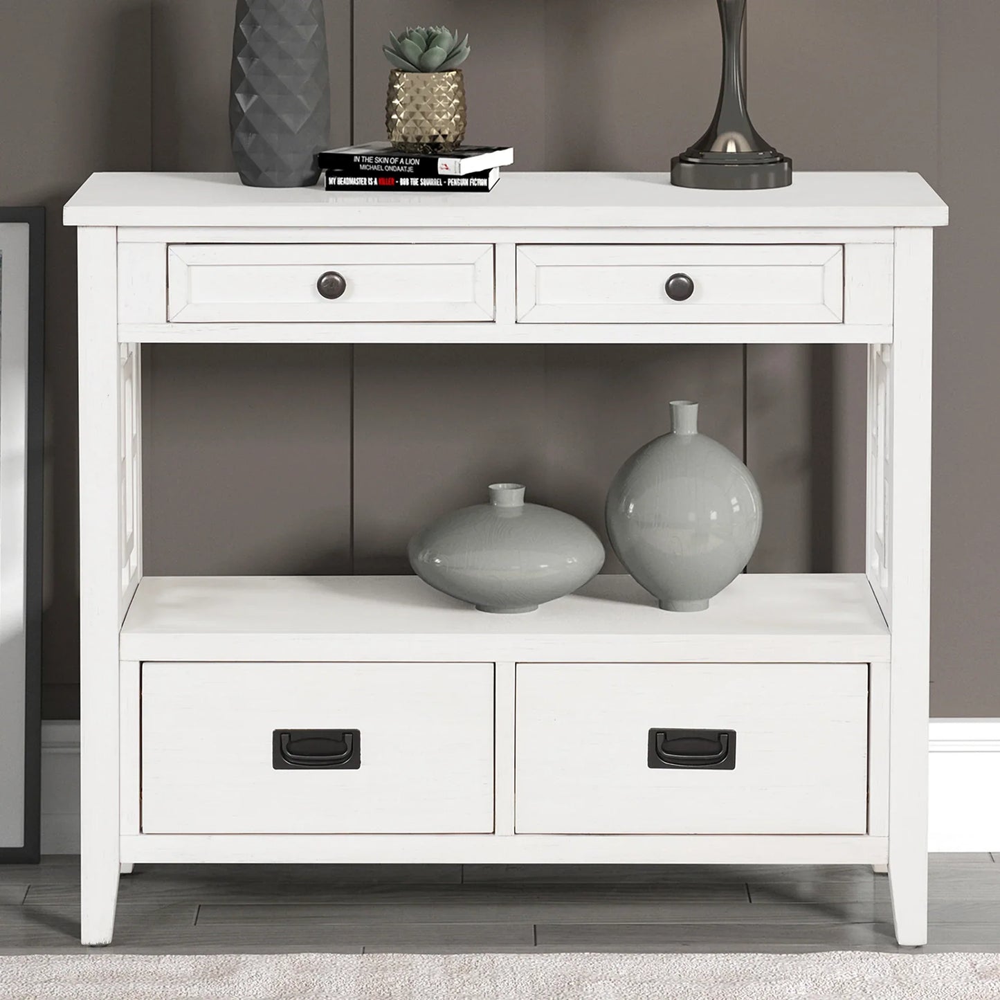 36'' Farmhouse Pine Wood Console Table Entry Sofa Table with 4 Drawers & 1 Storage Shelf (Antique White) - Shello's Creative Boutique