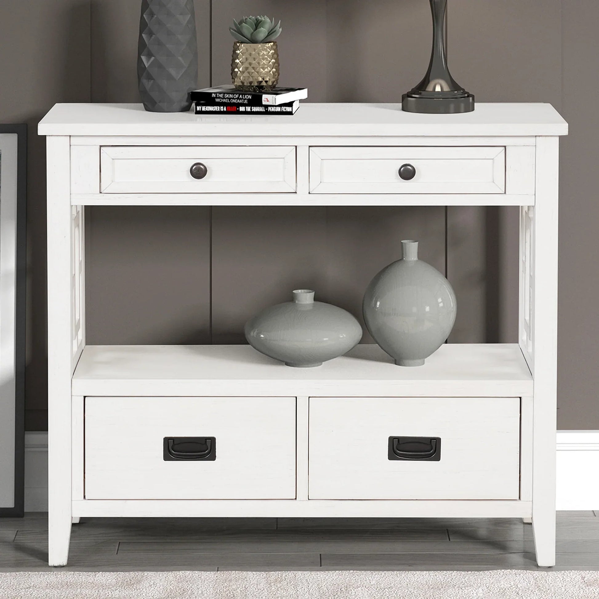 36'' Farmhouse Pine Wood Console Table Entry Sofa Table with 4 Drawers & 1 Storage Shelf (Antique White) - Shello's Creative Boutique