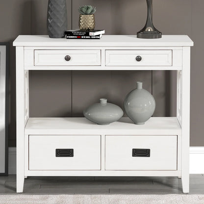 36'' Farmhouse Pine Wood Console Table Entry Sofa Table with 4 Drawers & 1 Storage Shelf (Antique White) - Shello's Creative Boutique