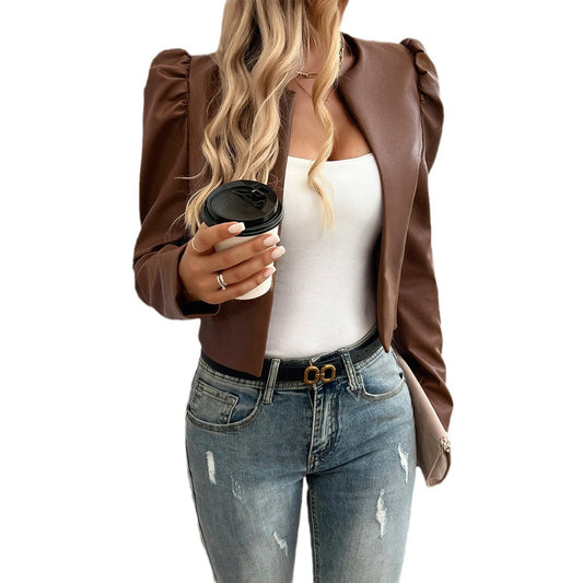 Autumn and winter new European and American jacket, women's temperament, casual cardigan, solid color leather jacket eprolo