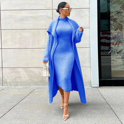 Women's autumn and winter new fashionable loose cardigan jacket double-sided velvet dress set for women - Shello's Creative Boutique