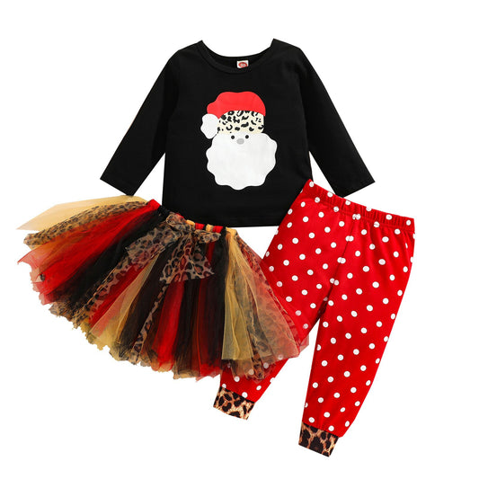 3pcs sets Christmas Girls Clothes Santa Claus Pattern Tops Mixed Color Mesh Tutu Skirt Dress Dots Pants Children Clothing eprolo
