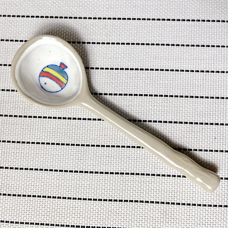 Ins Style Japanese Style Stoneware Small Soup Spoon Ceramic Spoon, Long Handle Spoon Household Cute Creative Rice Spoon eprolo