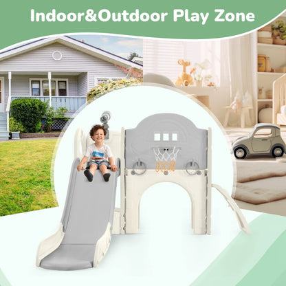 Kids Slide Playset Structure 7 in 1, Freestanding Spaceship Set with Slide, Arch Tunnel Grey+White + HDPE - Shello's Creative Boutique