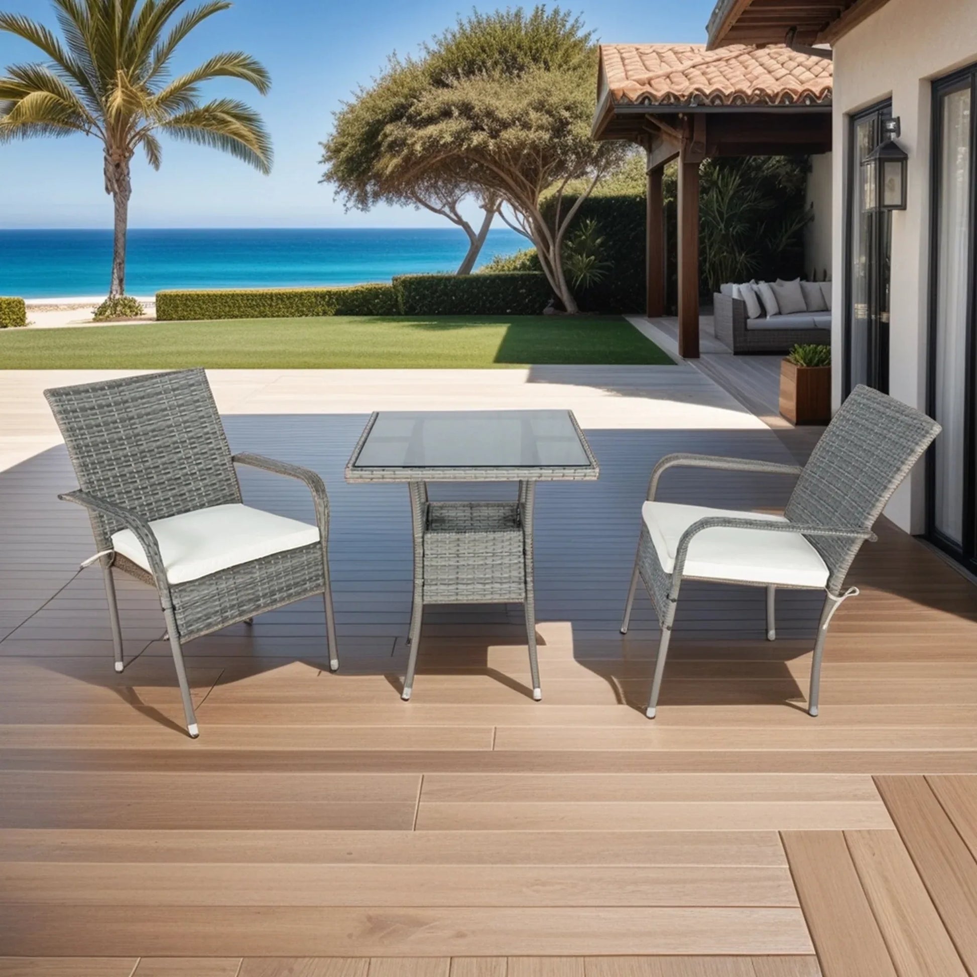 3 Piece Patio Wicker Conversation Set Grey Wicker + white Cushion - Shello's Creative Boutique