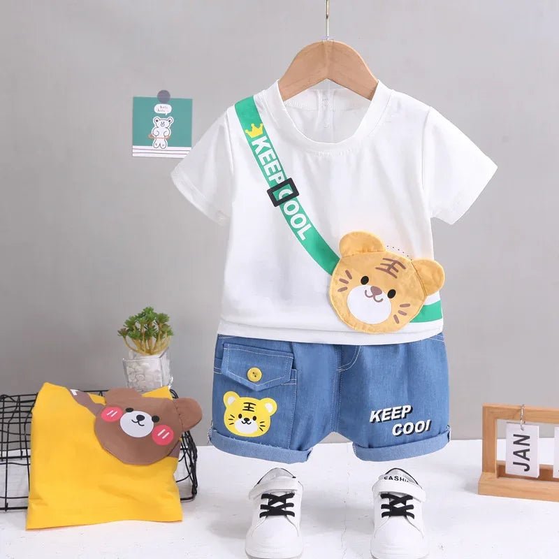 Children's clothing children's short sleeved shorts set stylish baby summer clothing children's shoulder bag T-shirt cartoon set - Shello's Creative Boutique