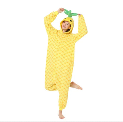Pineapple cartoon one piece pajamas autumn and winter fleece thickened warm home clothing cute men and women Halloween - Shello's Creative Boutique
