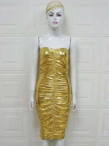 New Arrival Women Sexy Gold Dresses Bodycon Strapless Slash Neck Gold Dresses Night Club Wear - Shello's Creative Boutique
