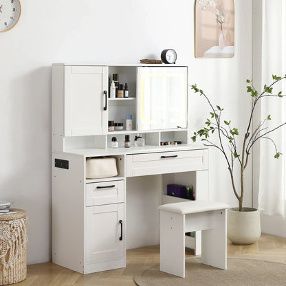Vanity table with large sliding lighted mirror dressing table with 2 drawers storage shelves and upholstered stool - Shello's Creative Boutique
