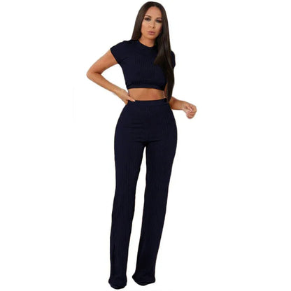 Women knitted long sleeve o-neck crop top wide leg pants 2 piece set for female women tops pants two pieces sets women's suits - Shello's Creative Boutique