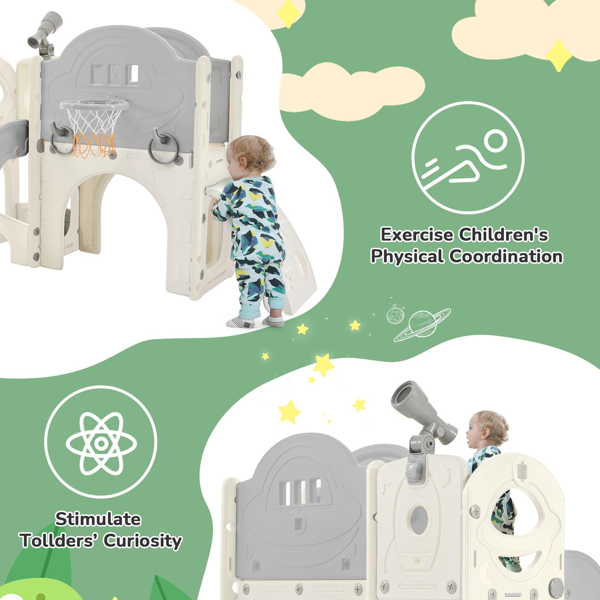 Kids Slide Playset Structure 7 in 1, Freestanding Spaceship Set with Slide, Arch Tunnel Grey+White + HDPE eprolo