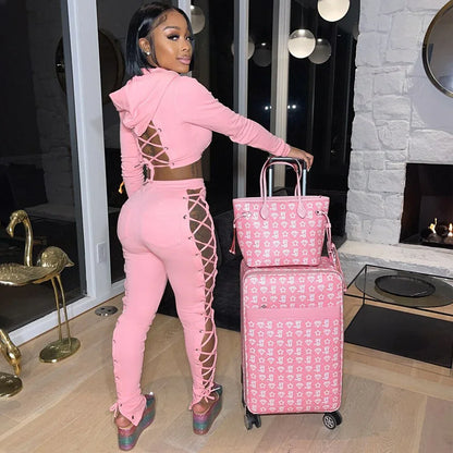 Autumn Women Tracksuit Two Piece Set Backless Hollow Out Bandage Solid Color Party Night Clubwear Sportsuit Clothes For Women - Shello's Creative Boutique