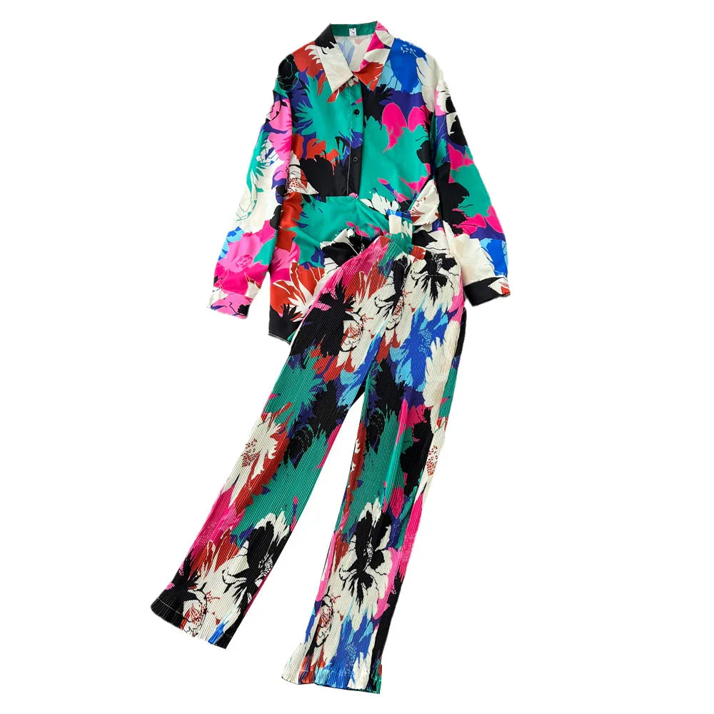 Spring Women Sleepwear Casual Loose Tie-dyed Trousers Suit Long Sleeve Shirts Blouses Wide Leg Pant Female Pajamas 2 Pieces - Shello's Creative Boutique