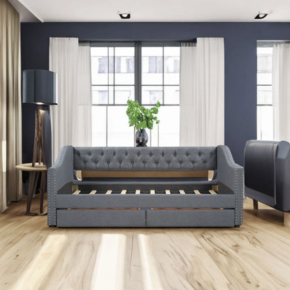 Upholstered Twin Size daybed with Two Drawers Wood Slat Support Gray - Shello's Creative Boutique