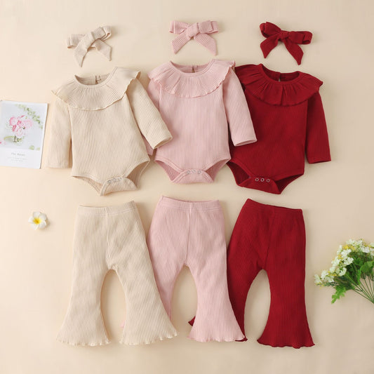 Autumn And Winter Infant Solid Color Pit Strip Cotton Long-Sleeved Ruffled Romper Flared Three-Piece Set eprolo