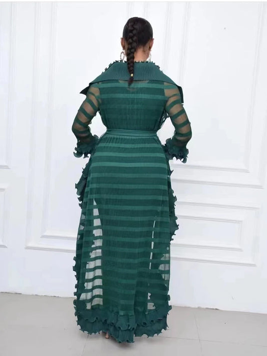 Heavy Industry Pleated Set Solid Flounced Edge Full Sleeved Sexy Evening Party Two Piece Sets for Women eprolo