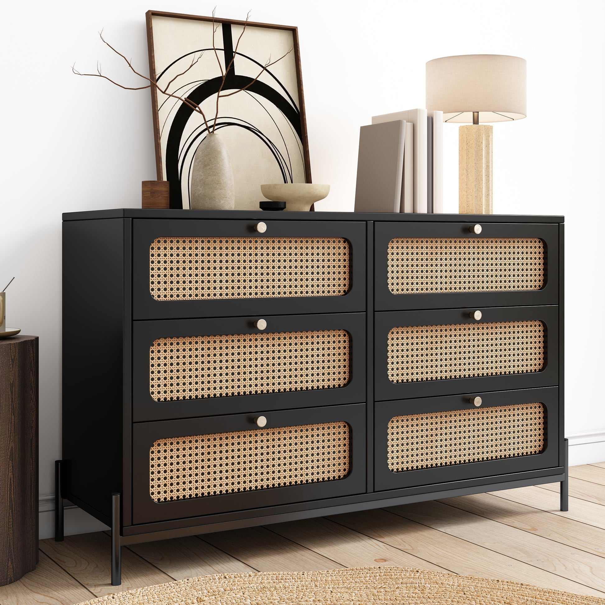 Modern hemp vine wood closet with 6 drawers, dressing table, wooden storage cabinet side panel, black eprolo