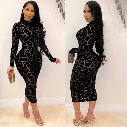 Fashion Summer Women Long Sleeve Sheer Dress See Through Mid Calf Mesh Print Dress Sexy Night Party Club Dress Vestidos - Shello's Creative Boutique