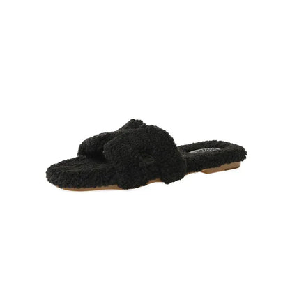 Wearing 7 colours lamb fur slippers for external wear women's H-shaped suede one line drag