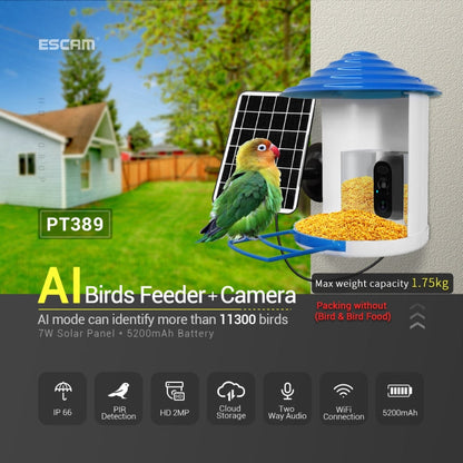 ESCAM PT389 IP66 Waterproof 2MP PIR Motion Detection Two-way Audio Night Vision WiFi Camera with AI Bird Recognition Bird Watching House, PT389 SUNSKY