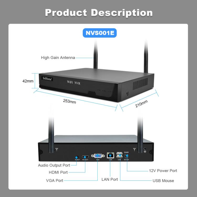 SriHome NVS001E-IPC039B 5MP 8CH HD NVR Wireless Cameras Set, US Plug, EU Plug, AU Plug, UK Plug SUNSKY