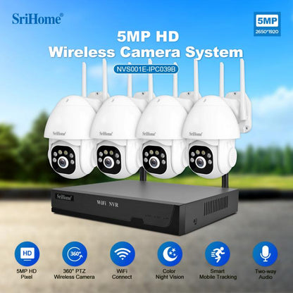 SriHome NVS001E-IPC039B 5MP 4CH HD NVR Wireless Cameras Set, US Plug, EU Plug, AU Plug, UK Plug