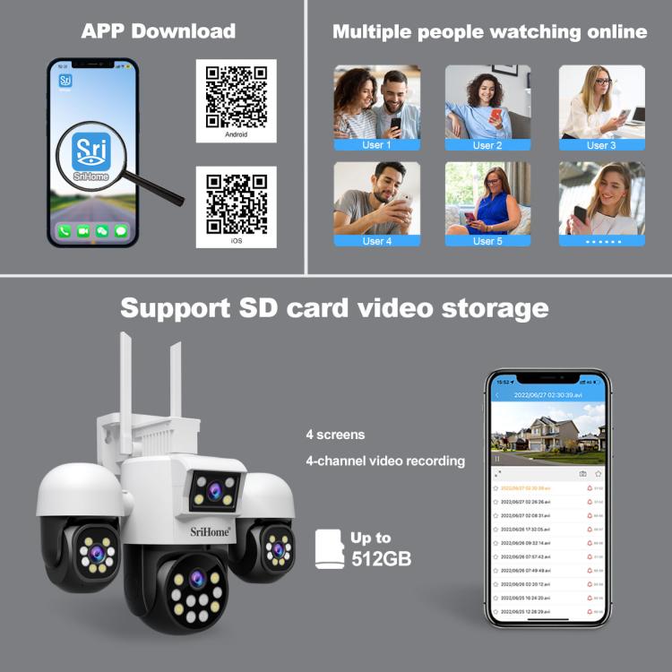 SriHome SH069 8MP 3X Digital Zoom HD Quad-lens Security Camera, US Plug, EU Plug, AU Plug, UK Plug SUNSKY