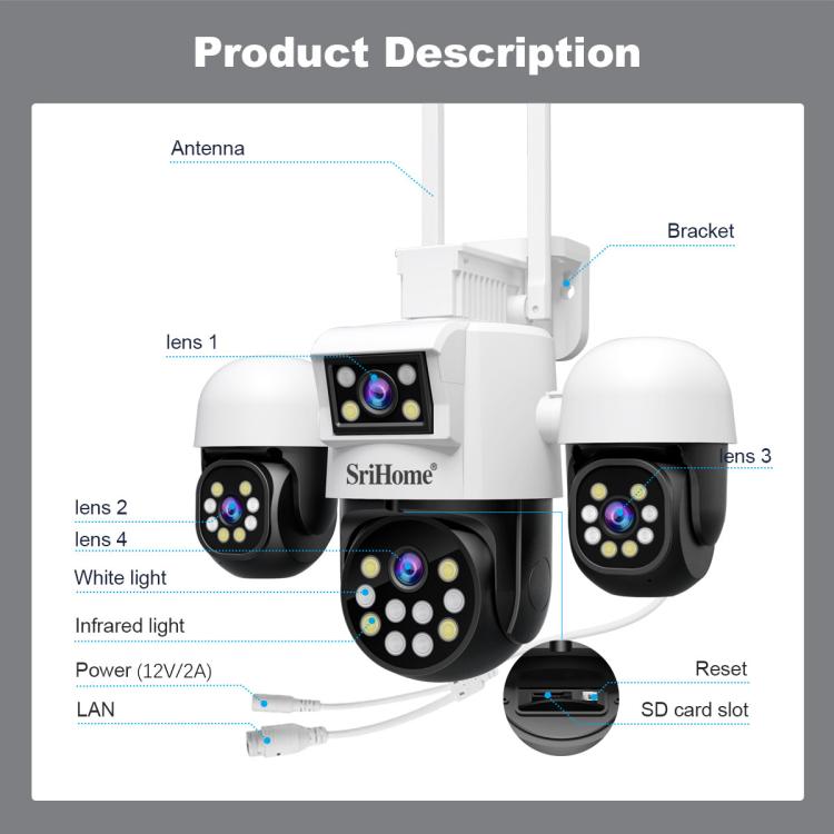 SriHome SH069 8MP 3X Digital Zoom HD Quad-lens Security Camera, US Plug, EU Plug, AU Plug, UK Plug SUNSKY