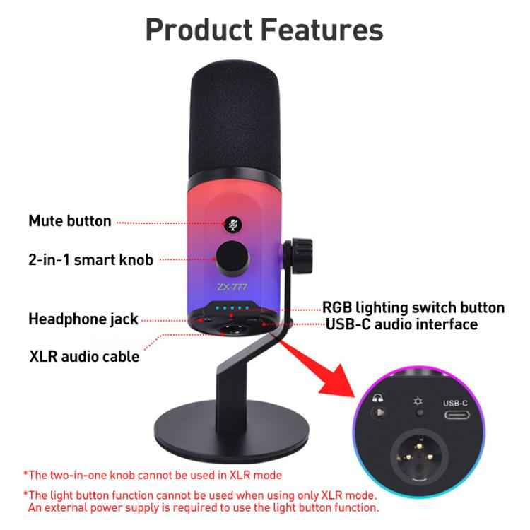XTUGA ZX-777 XLR / USB-C Dynamic Microphone RGB Light Noise Reduction for Live