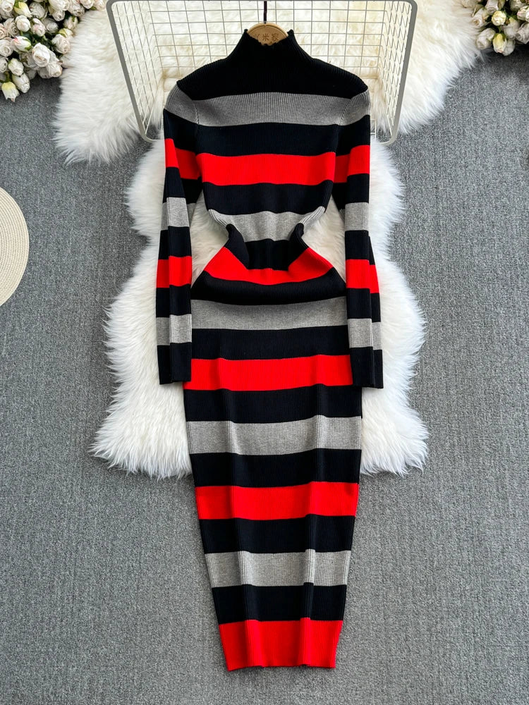 Women Temperament High Waist Knit Wrap Buttocks Dresses Stand Collar Long Sleeve Stripe Vestidos Autumn Winter eprolo