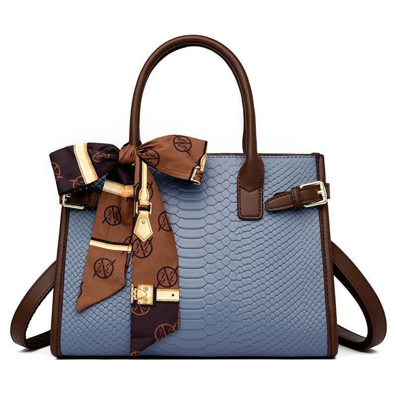 Genuine Leather Women's Briefcase - Commuting Style Bag in Embossed Snakeskin Pattern with Contrasting Color