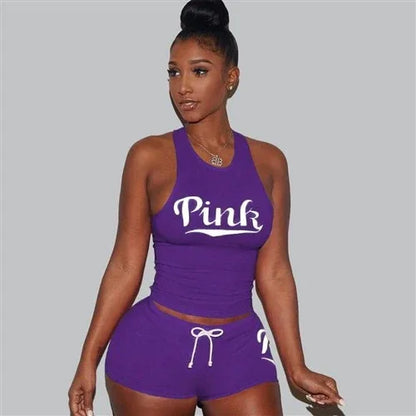 Letters Print Tank Top Shorts Two Piece Set Round Neck Sexy Sleeveless Women Outfits Summer Sporting 2 Piece Set - Shello's Creative Boutique