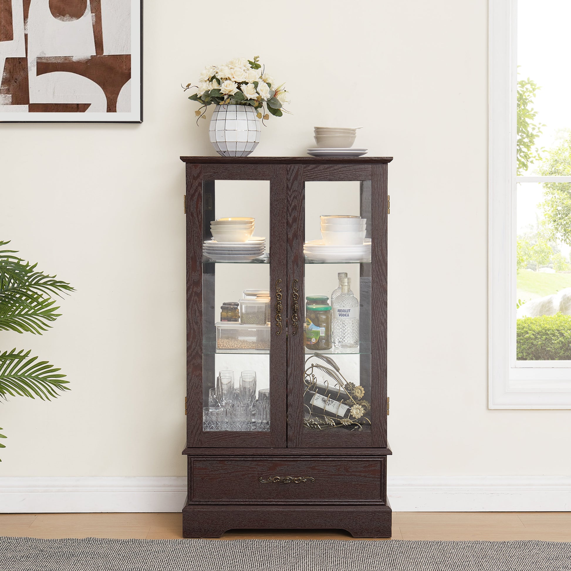 Light colored glass cabinet with adjustable glass frame Curio display cabinet, 2 doors and 1 drawer light bulb cherry color eprolo