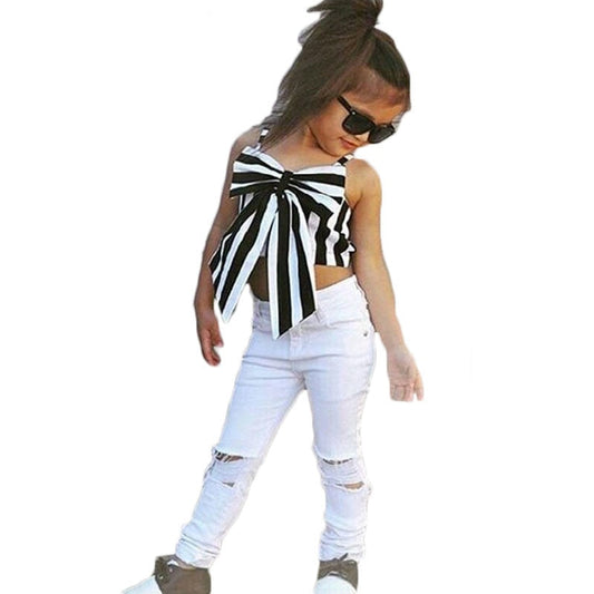 Set Tops and Pants 2 Pieces Summer Stripes Ribbon Short Sling Fashion Hole Pants European Style Children's Suits eprolo